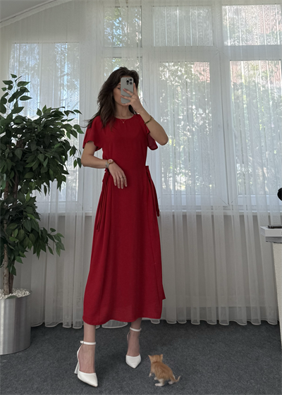 Marsala Kırmızı Ayrobin Bağlama Detaylı  Midi Elbise