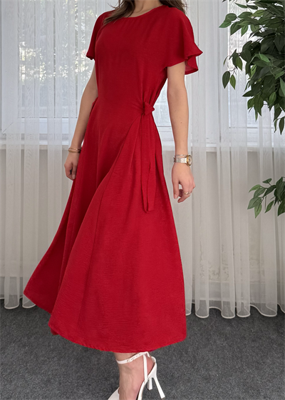 Marsala Kırmızı Ayrobin Bağlama Detaylı  Midi Elbise