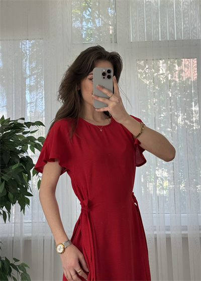 Marsala Kırmızı Ayrobin Bağlama Detaylı  Midi Elbise
