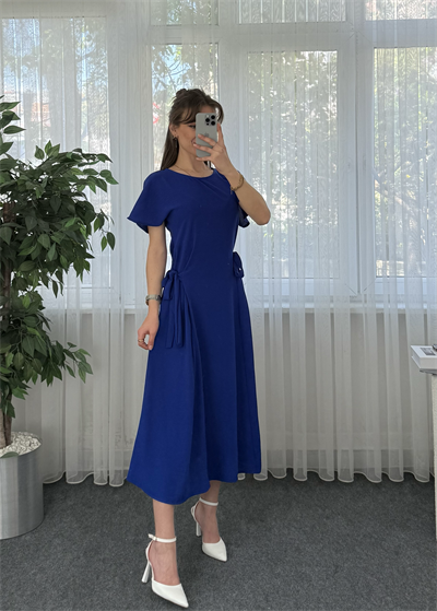 Marsala Saks Mavi Ayrobin Bağlamalı Elbise 
