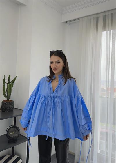 Mavi Çizgili İpli Poplin Gömlek 