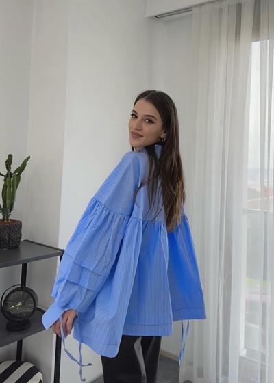 Mavi Çizgili İpli Poplin Gömlek 
