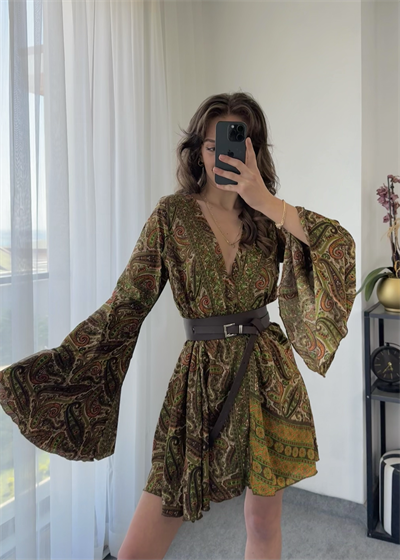Liana Haki Şal Desenli Mini Sırt Dekolteli İpek Elbise