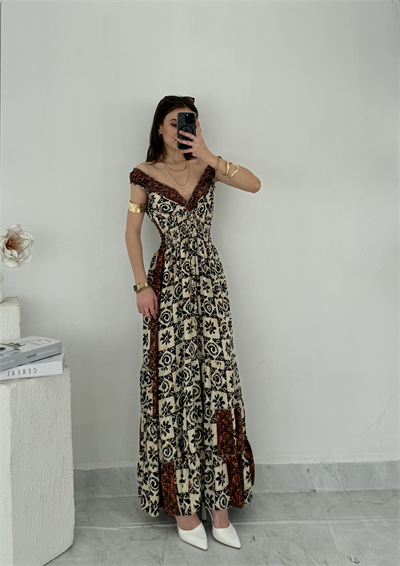 Mexica Gipe Detaylı Etnik Desen İpek Elbise 