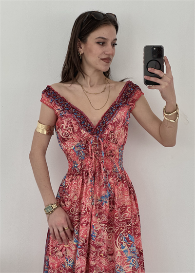 Mexica Gipe Detaylı Etnik Desen İpek Elbise 