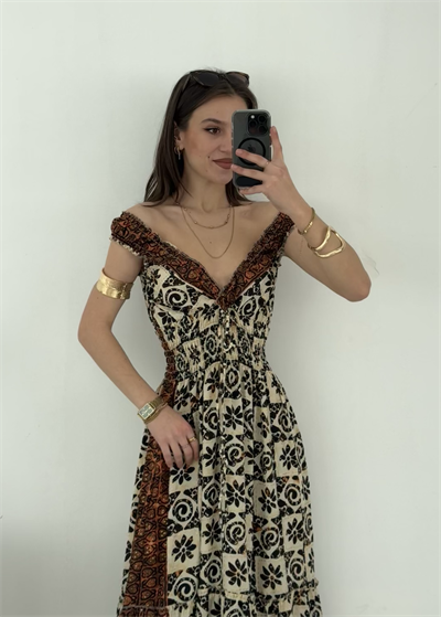 Mexica Gipe Detaylı Etnik Desen İpek Elbise 