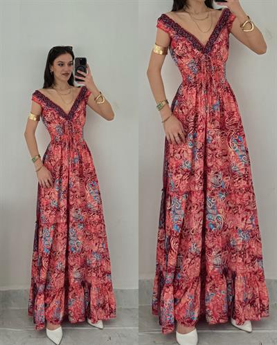 Mexica Gipe Detaylı Etnik Desen İpek Elbise 