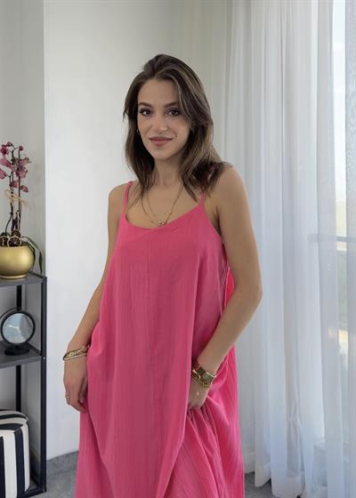 Midi Ayarlanabilir Askılı Pembe Çan Elbise