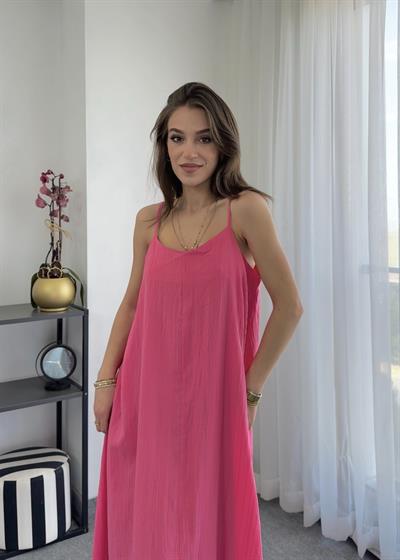 Midi Ayarlanabilir Askılı Pembe Çan Elbise