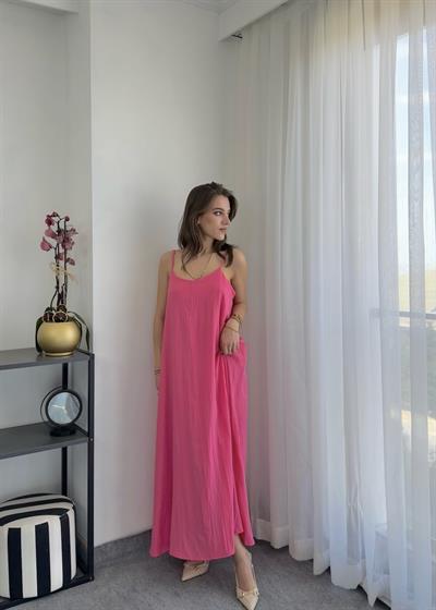 Midi Ayarlanabilir Askılı Pembe Çan Elbise