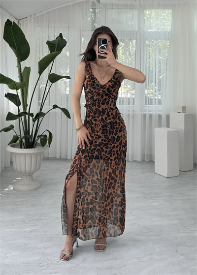 Midi Şifon Leopar Elbise 