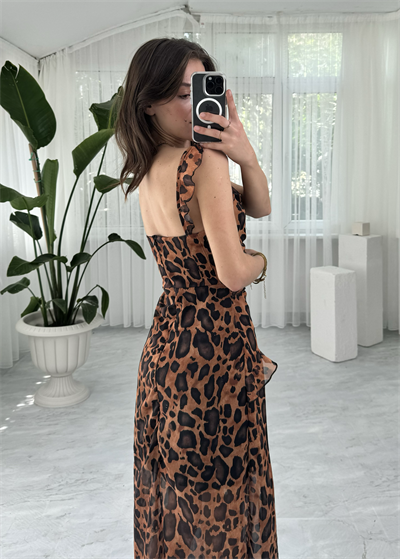 Midi Şifon Leopar Elbise 
