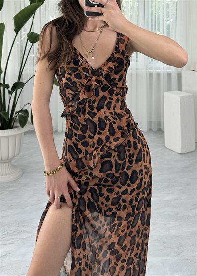 Midi Şifon Leopar Elbise 