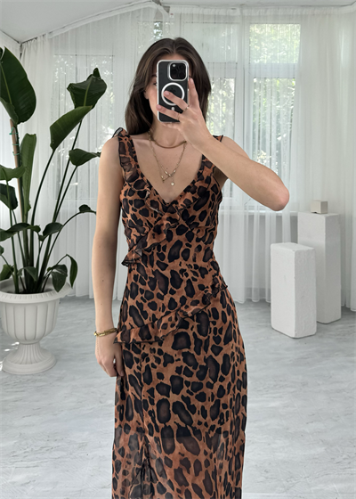 Midi Şifon Leopar Elbise 