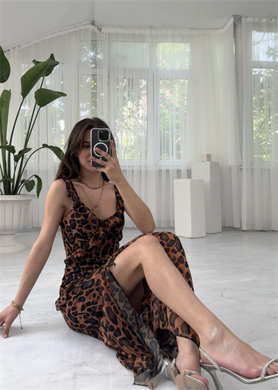 Midi Şifon Leopar Elbise 