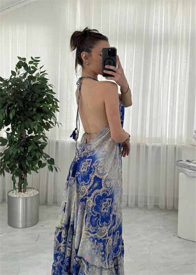 Milori Etnik Desen Sırt Dekolteli Elbise 