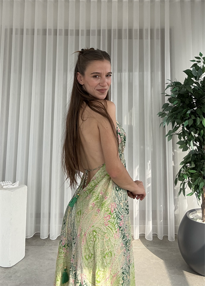 Milori Etnik Desen Sırt Dekolteli Elbise 