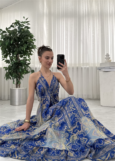 Milori Etnik Desen Sırt Dekolteli Elbise 