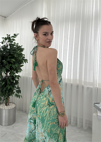 Milori Etnik Desen Sırt Dekolteli Elbise 