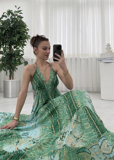 Milori Etnik Desen Sırt Dekolteli Elbise 