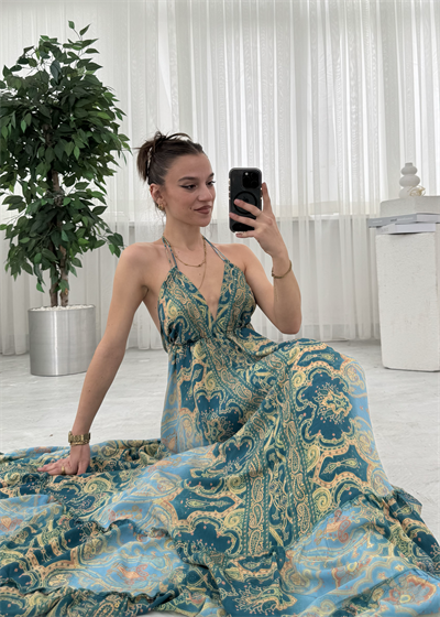 Milori Etnik Desen Sırt Dekolteli Ellbise