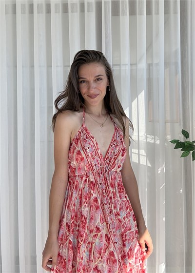 Milori Etnik Desen Sırt Dekolteli Pembe Elbise 
