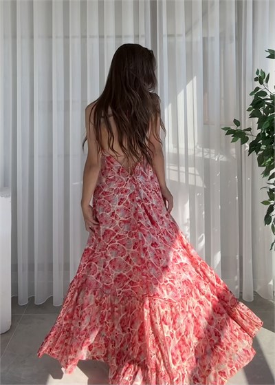 Milori Etnik Desen Sırt Dekolteli Pembe Elbise 