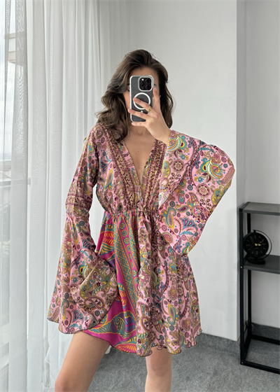 Mini Şal Desenli Etnik Desen Pembe Elbise