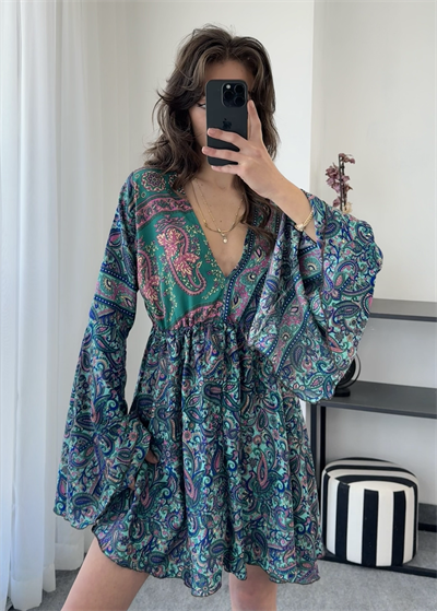 Liana Mint Yeşili Şal Desenli Mini İpek Elbise
