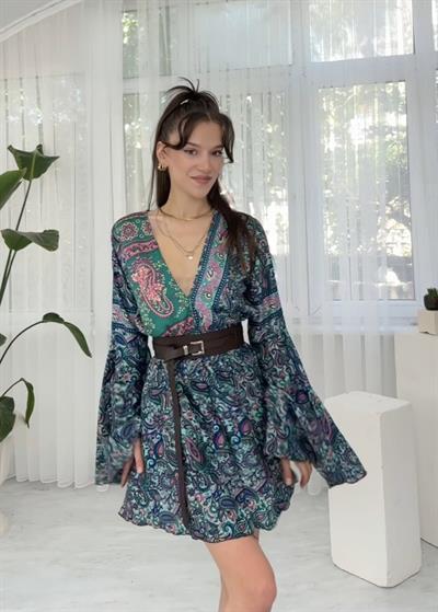 Liana Mint Yeşili Şal Desenli Mini İpek Elbise
