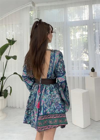 Liana Mint Yeşili Şal Desenli Mini İpek Elbise