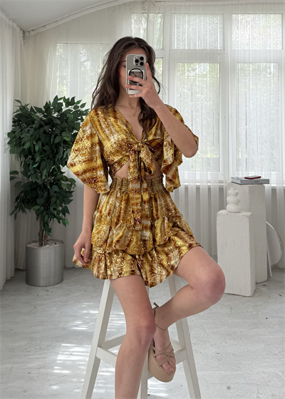 Mireya İthal Etnik Desen Gold Etekli İpek Takım