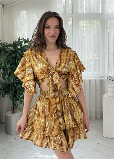 Mireya İthal Etnik Desen Gold Etekli İpek Takım