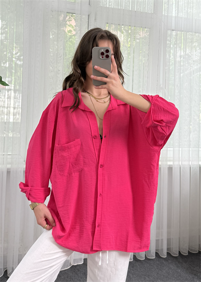 Pembe İthal Ayrobin Tek Cepli Oversize Gömlek 