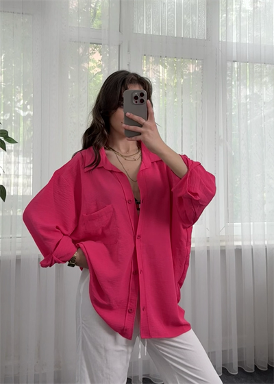 Pembe İthal Ayrobin Tek Cepli Oversize Gömlek 