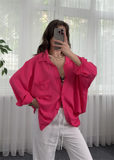 Pembe İthal Ayrobin Tek Cepli Oversize Gömlek 