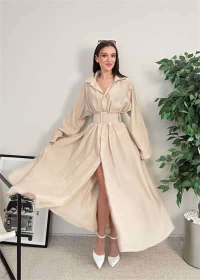 Novee Oversize Bej Kemerli Elbise