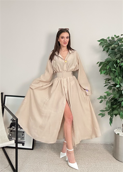 Novee Oversize Bej Kemerli Elbise