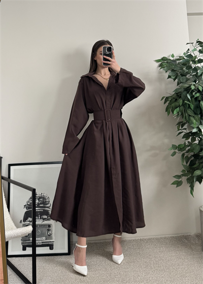 Novee Oversize Kahverengi Kemerli Elbise