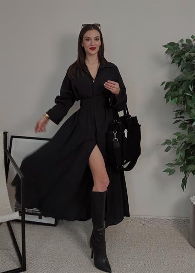 Novee Oversize Siyah Kemerli Elbise