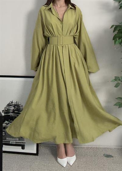 Novee Oversize Yağ Yeşili Kemerli Elbise