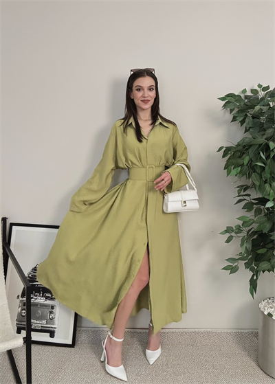 Novee Oversize Yağ Yeşili Kemerli Elbise