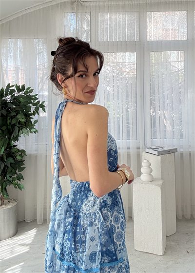Orlaya Mavi Volanlı Gipeli Elbise
