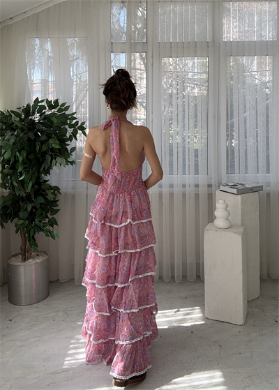 Orlaya Pembe Volanlı Gipeli Elbise