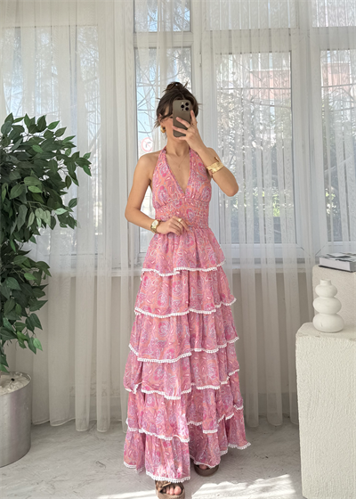 Orlaya Pembe Volanlı Gipeli Elbise