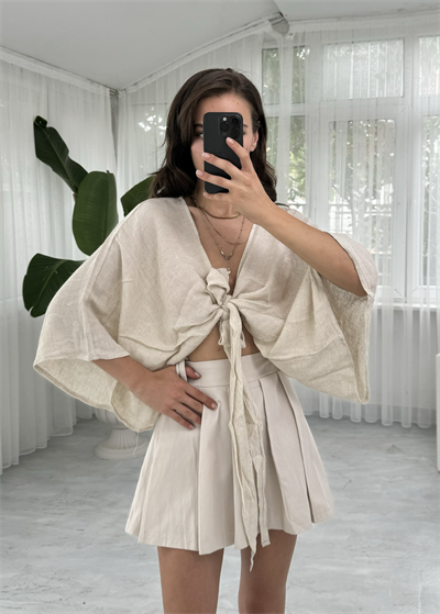 Pamuk Keten Bağlamalı Ekru Crop 