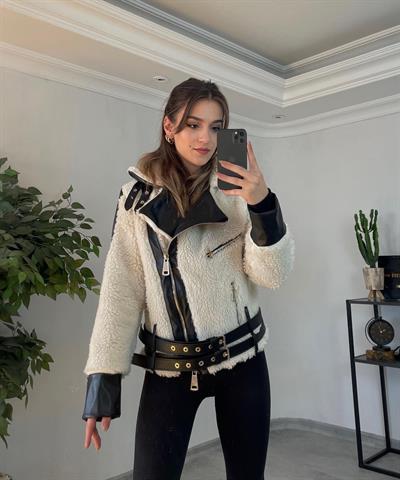 Peluş Deri Detaylı Ceket