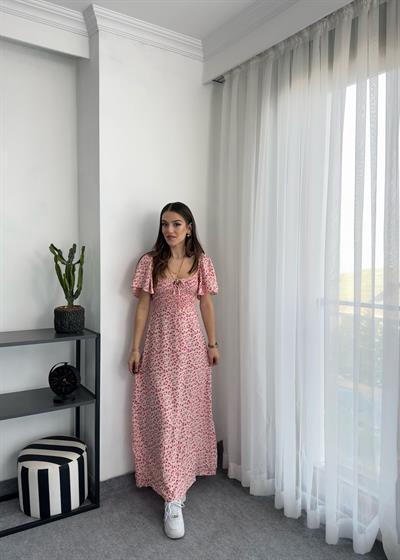 Pembe Desenli Gipeli Bağlama Detaylı Elbise