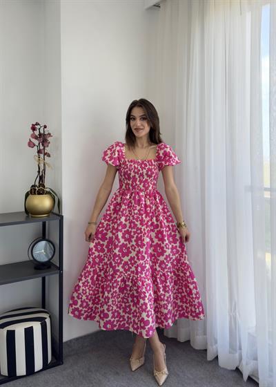 Pembe Desenli Midi Gipeli Elbise