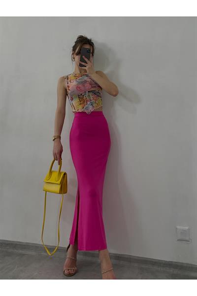 Pembe Yırtmaçlı Penye Etek